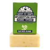 A box of Savvy Fit Soaps Momintum Bar in Spearmint Peppermint with an open soap, highlighting its plant-based, USA-made, and refreshing skincare formula.